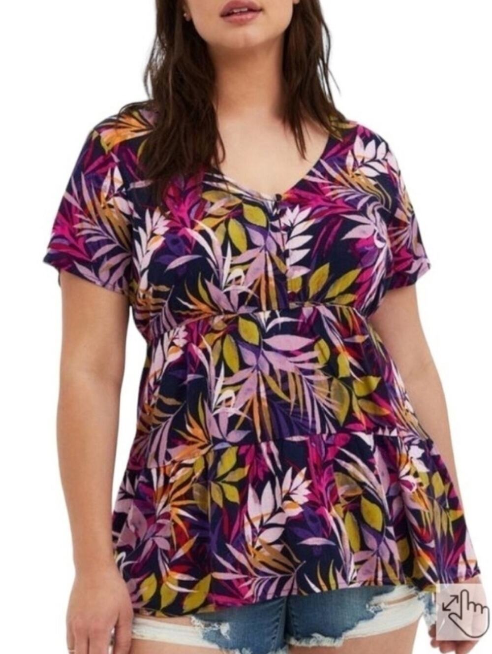 Torrid Rayon Slub Tiered Button-Front Floral Bright Multi-Color Blouse 00/10